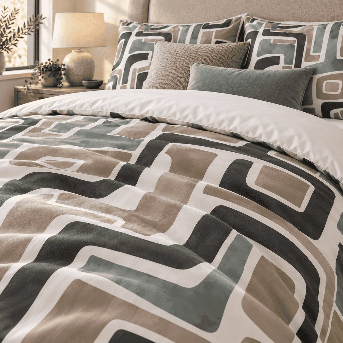 Taupe Sage Maze Abstract duvet cover set, close-up showing watercolour maze bands with ivory outlines