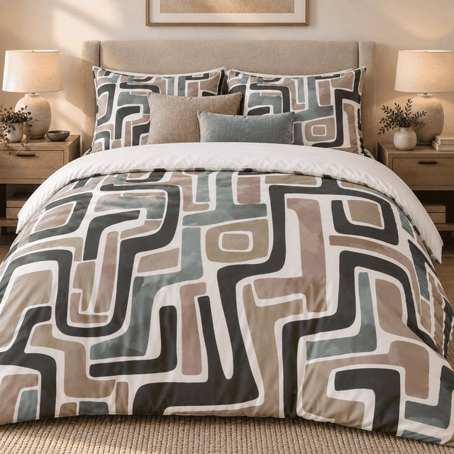 Taupe Sage Maze Abstract duvet cover set, front view showing a charcoal, taupe and sage maze on a wingback bed