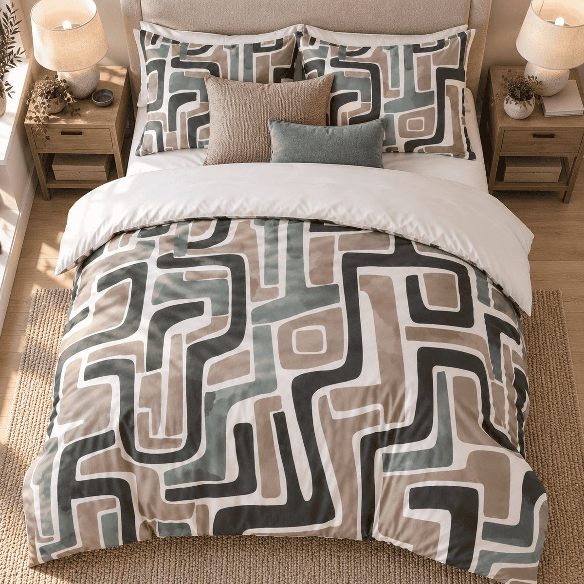 Taupe Sage Maze Abstract duvet cover set, overhead view showing the full maze print with taupe and sage cushions