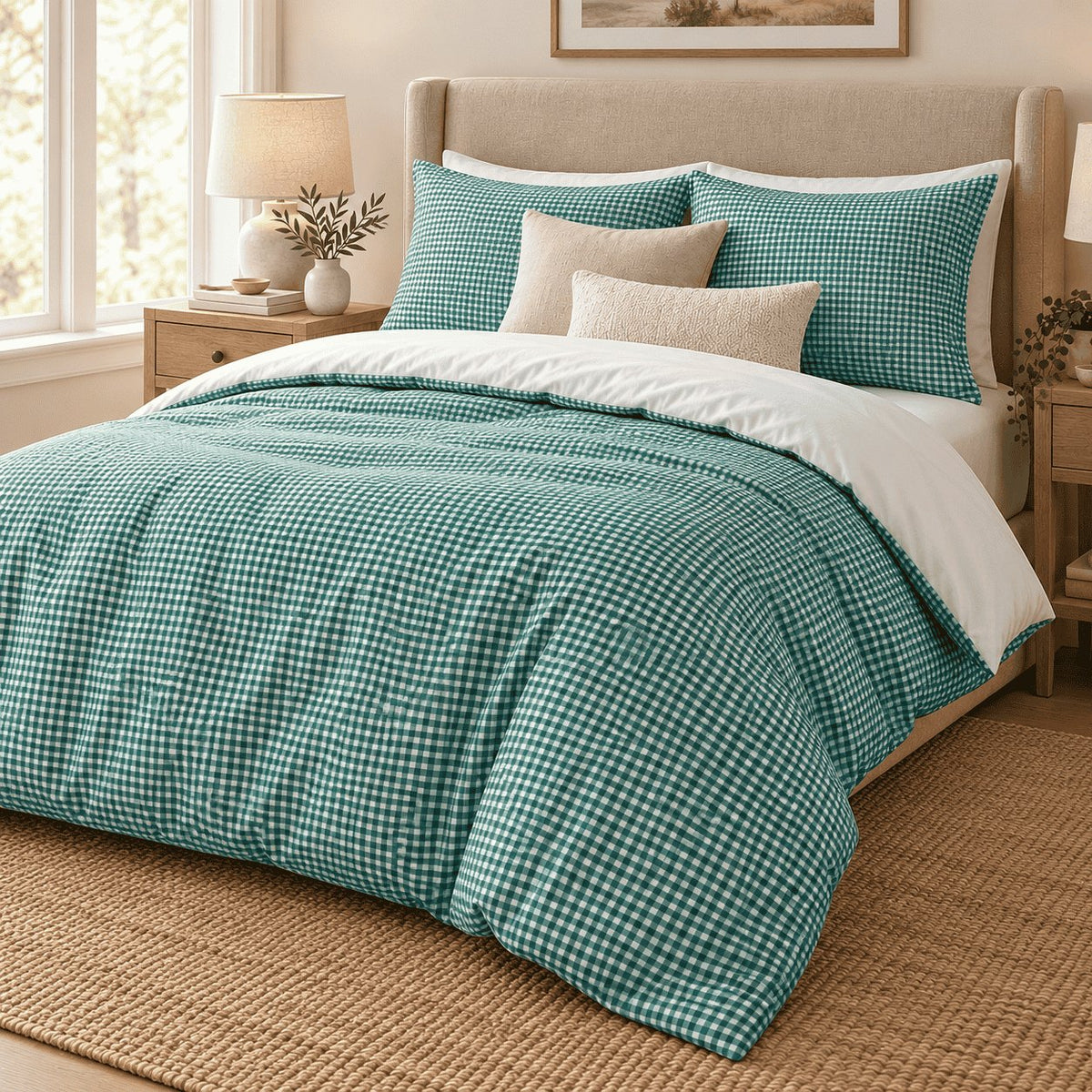 Teal Gingham duvet cover set, angled view showing the teal check draped beside a window and oak bedside table