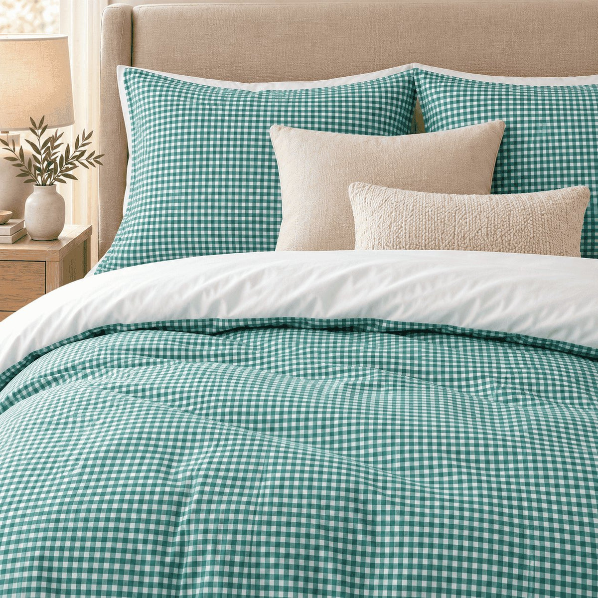 Teal Gingham duvet cover set, close-up of pillowcases showing teal gingham pillowcases behind cream linen and knit cushions