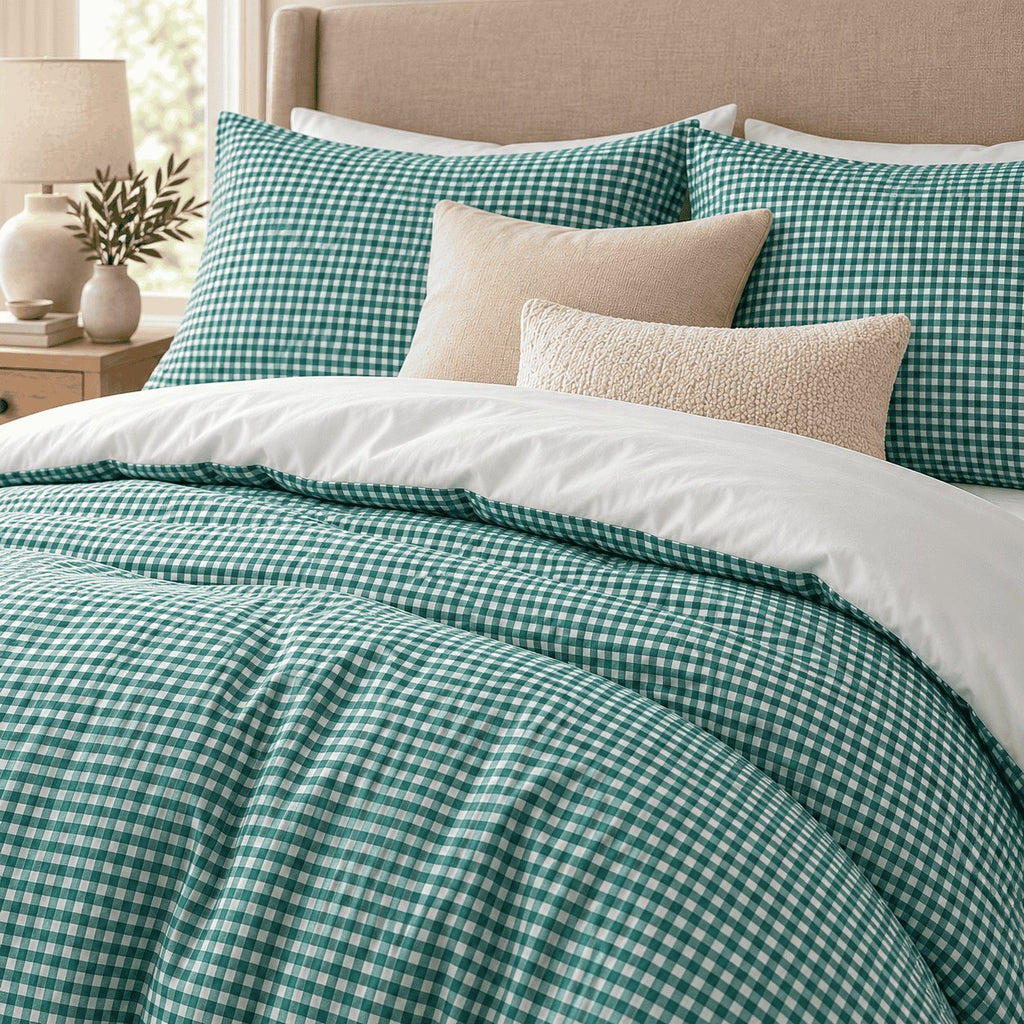 Teal Gingham duvet cover set, close-up of print showing the fine teal and white check over the duvet folds