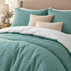 Teal Gingham duvet cover set, close-up of print showing the fine teal and white check over the duvet folds