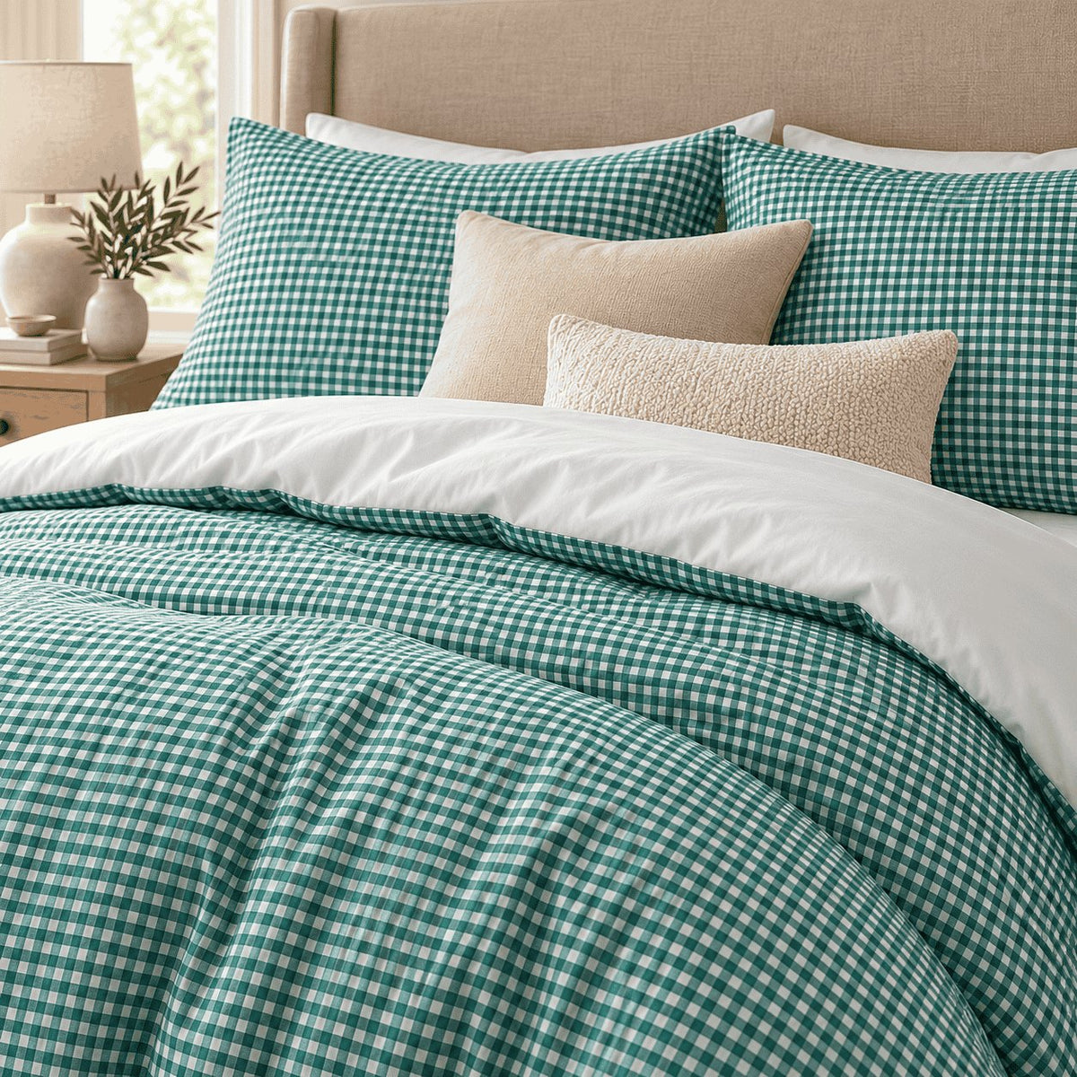Teal Gingham duvet cover set, close-up of print showing the fine teal and white check over the duvet folds