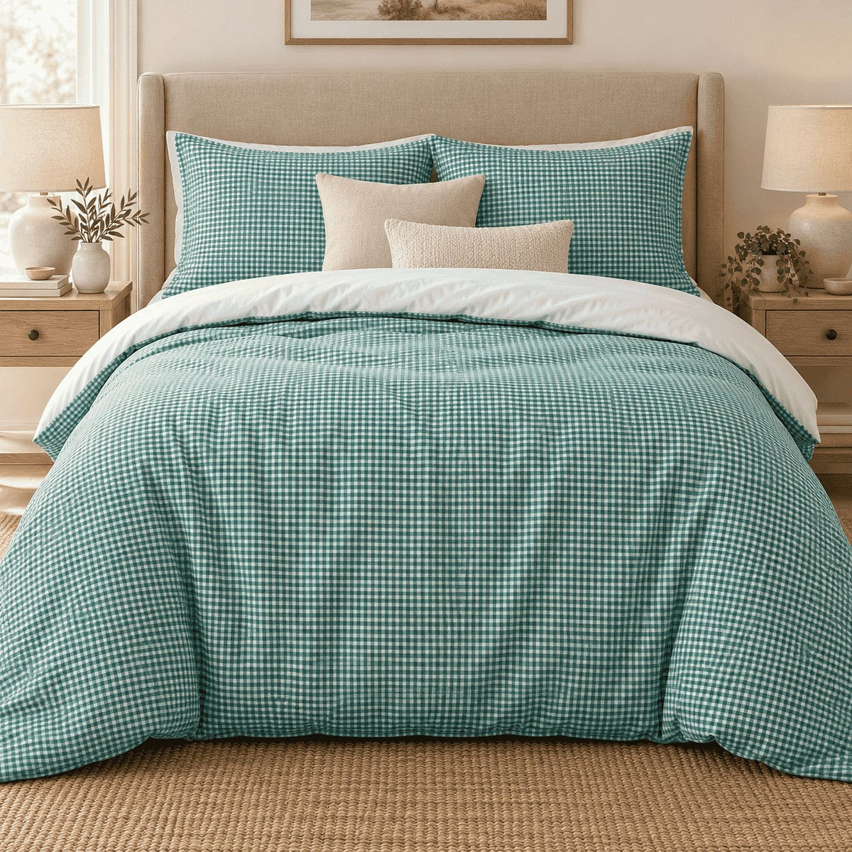 Teal Gingham duvet cover set, front view showing the teal check with two pillowcases and cream cushions
