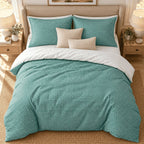 Teal Gingham duvet cover set, overhead view showing the full bed on a jute rug with oak bedside tables