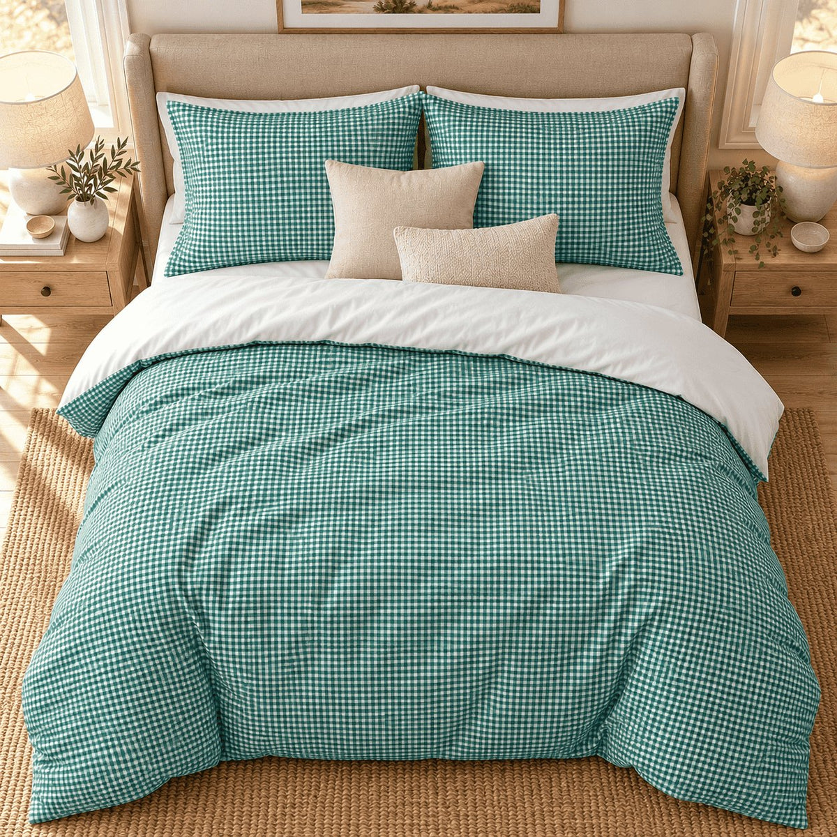Teal Gingham duvet cover set, overhead view showing the full bed on a jute rug with oak bedside tables