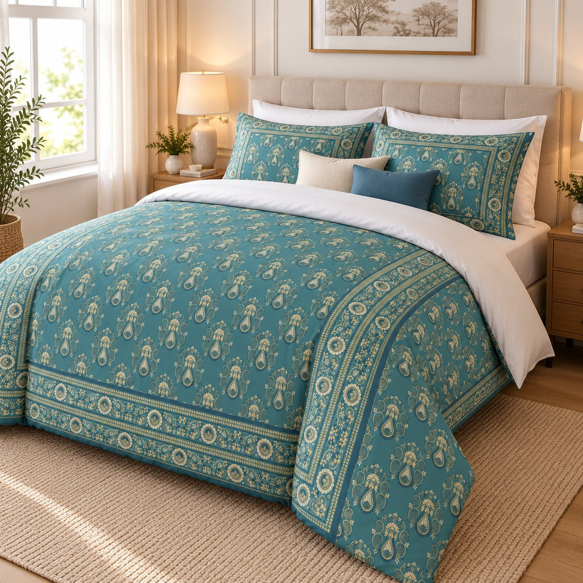 Teal Gold Framed Heritage duvet cover set, angled view showing the teal paisley centre and rosette border drop