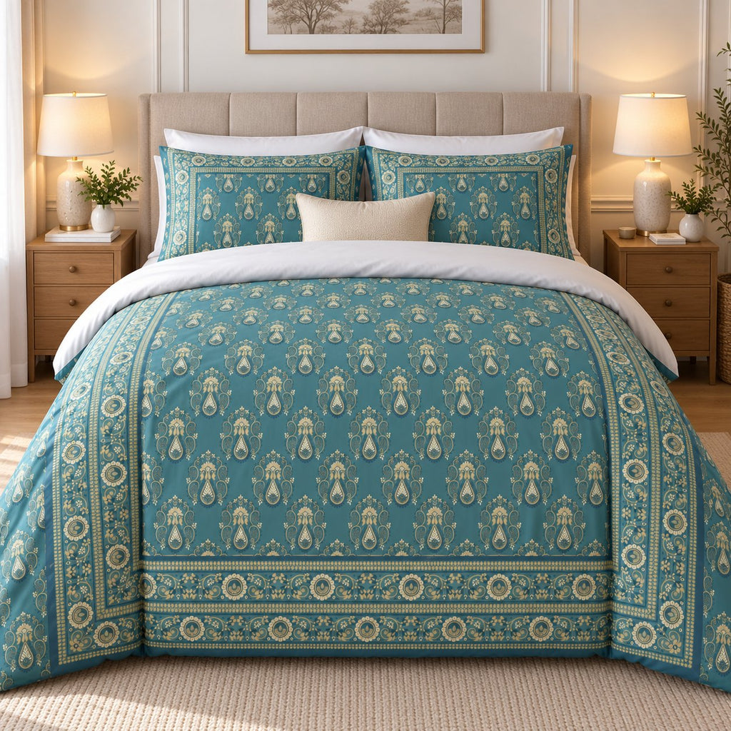 Teal Gold Framed Heritage duvet cover set, front view showing gold paisleys on teal inside a rosette border