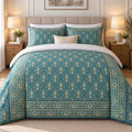 Teal Gold Framed Heritage duvet cover set, front view showing gold paisleys on teal inside a rosette border