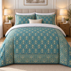 Teal Gold Framed Heritage duvet cover set, front view showing gold paisleys on teal inside a rosette border
