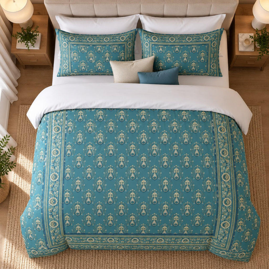 Teal Gold Framed Heritage duvet cover set, overhead view showing the framed teal paisley layout and white reverse