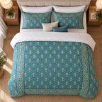 Teal Gold Framed Heritage duvet cover set, overhead view showing the framed teal paisley layout and white reverse