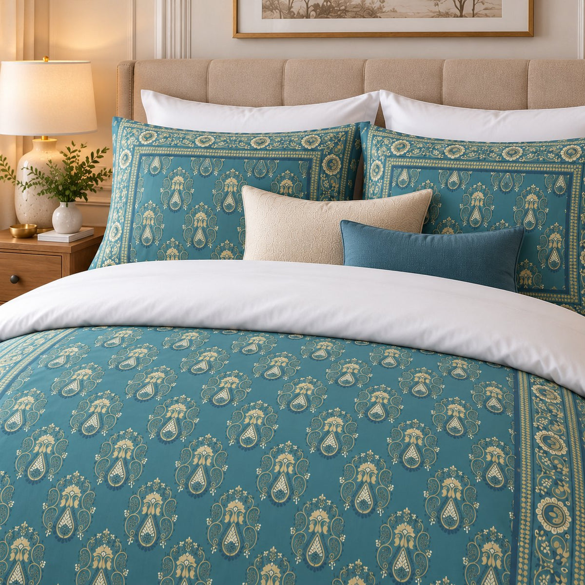 Teal Gold Framed Heritage duvet cover set, pillowcase detail showing teal paisley pillowcases with cream and blue cushions