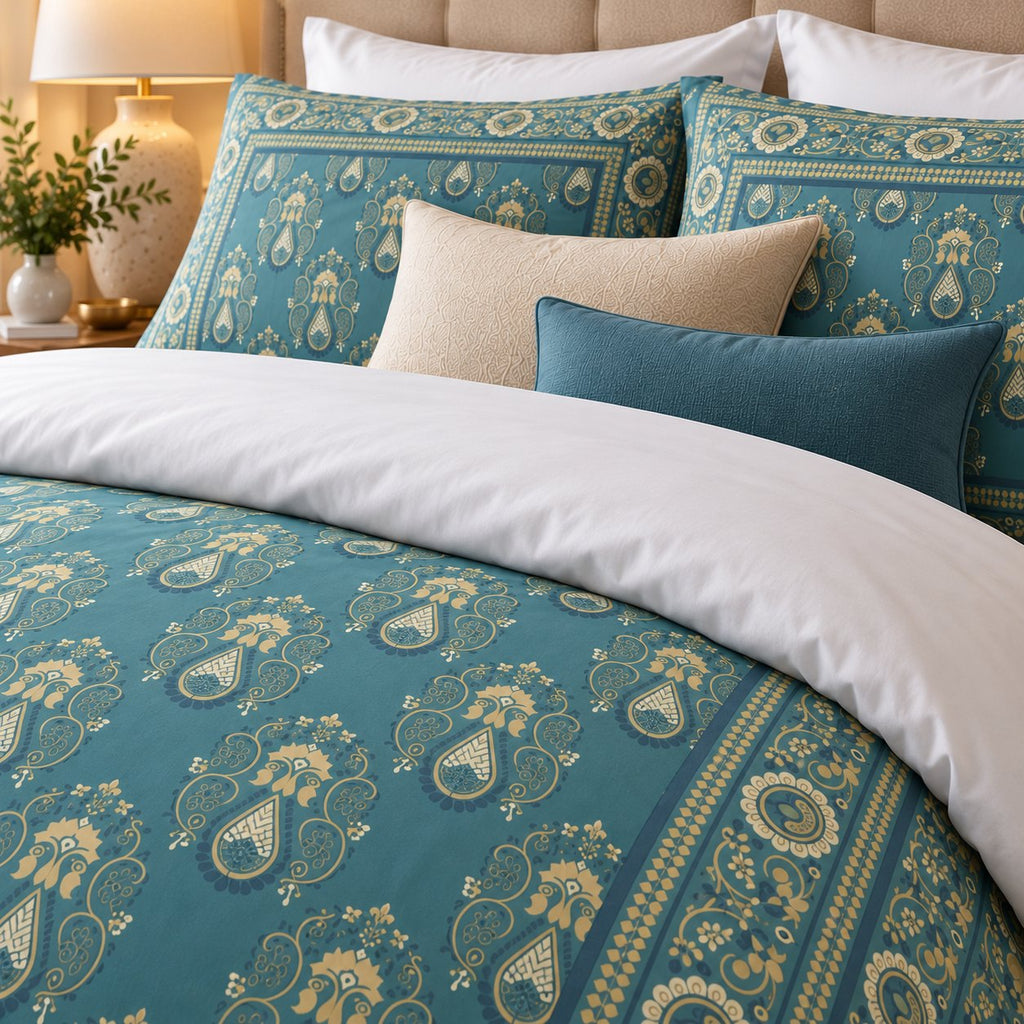 Teal Gold Framed Heritage duvet cover set, print detail showing gold paisley teardrops and the rosette border on teal