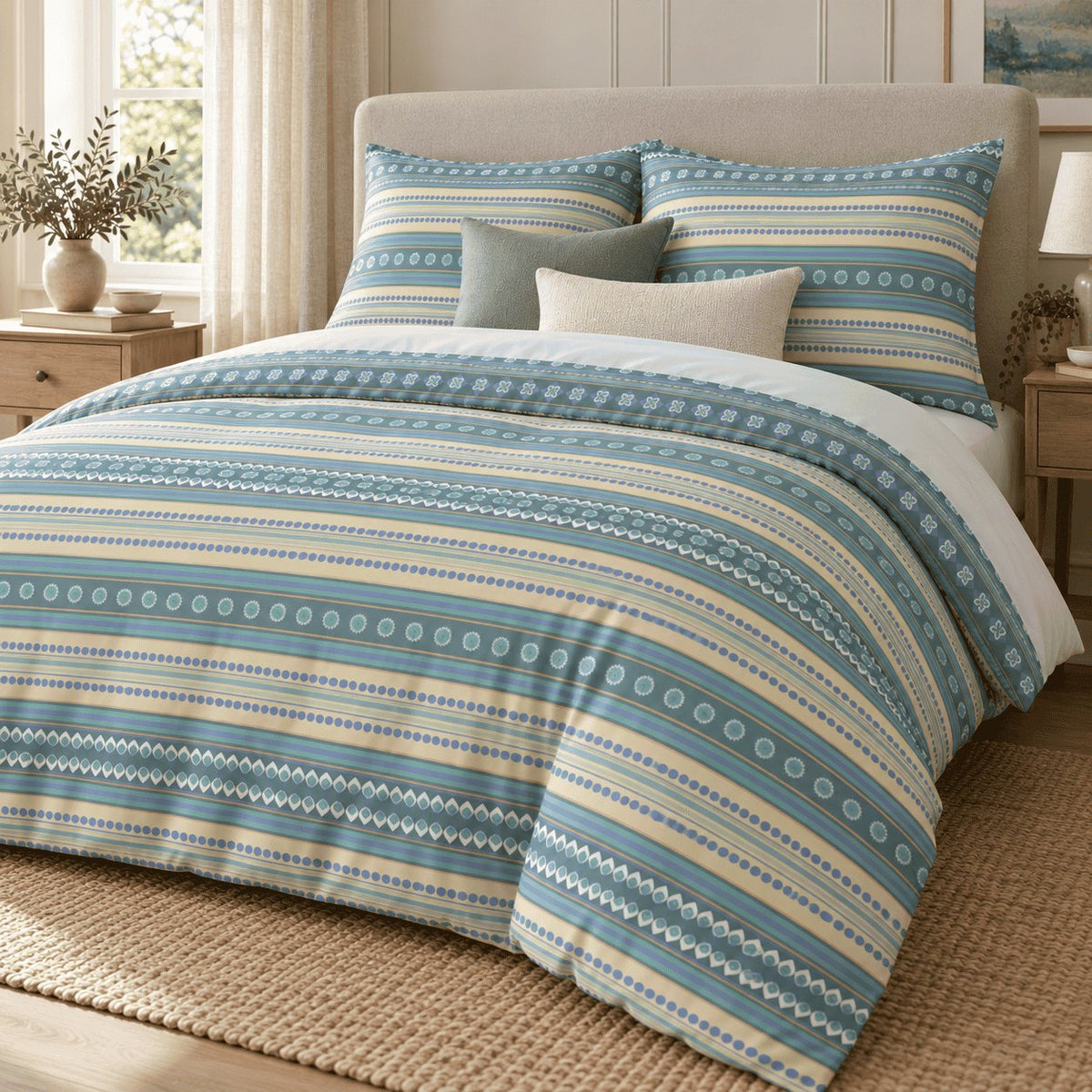 Teal Lemon Boho Stripe duvet cover set, angled view showing teal medallion bands and pale lemon stripes