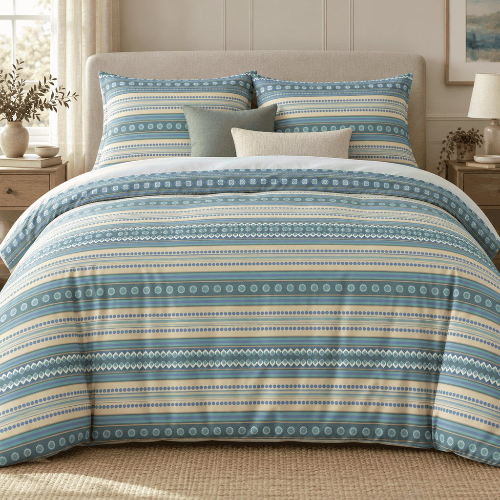Teal Lemon Boho Stripe duvet cover set, front view showing teal, lemon and aqua boho stripes and rosette bands