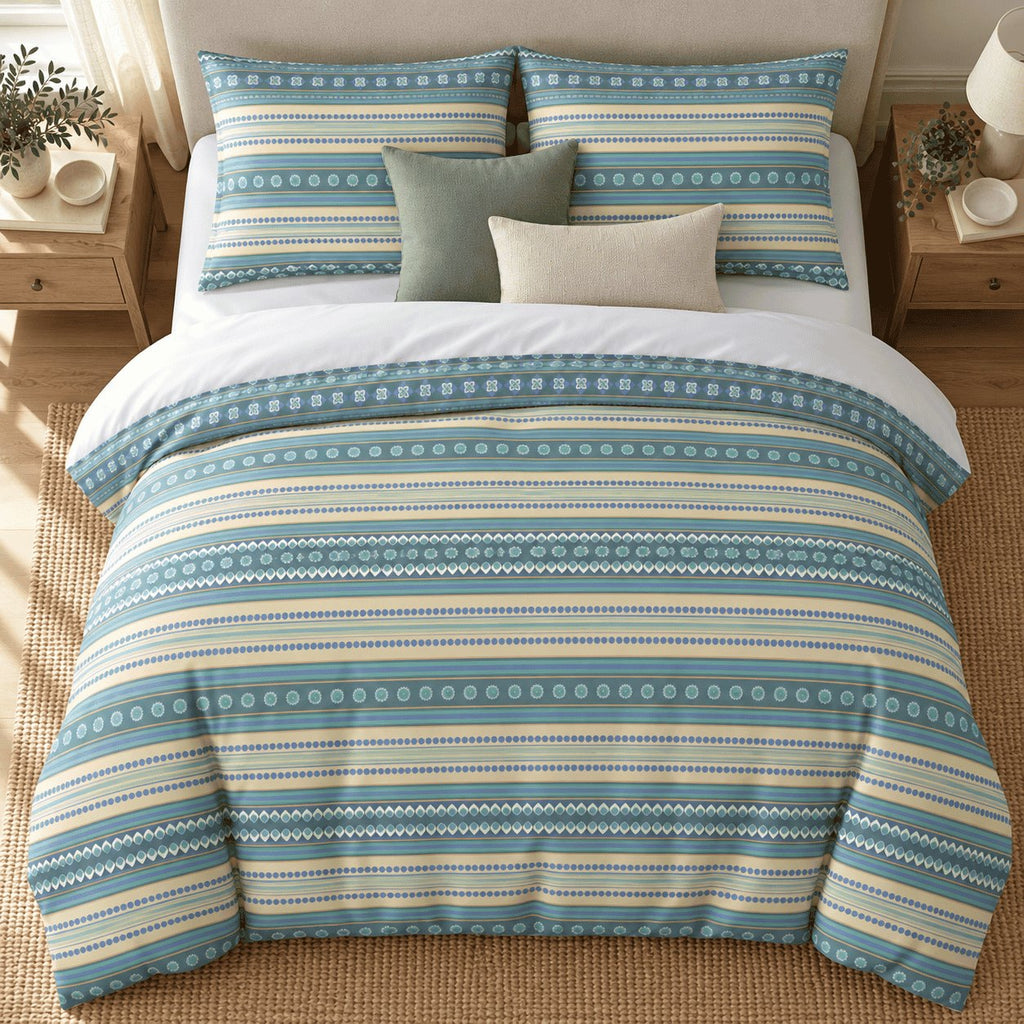 Teal Lemon Boho Stripe duvet cover set, overhead view showing teal, lemon and periwinkle stripe bands