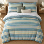 Teal Lemon Boho Stripe duvet cover set, overhead view showing teal, lemon and periwinkle stripe bands
