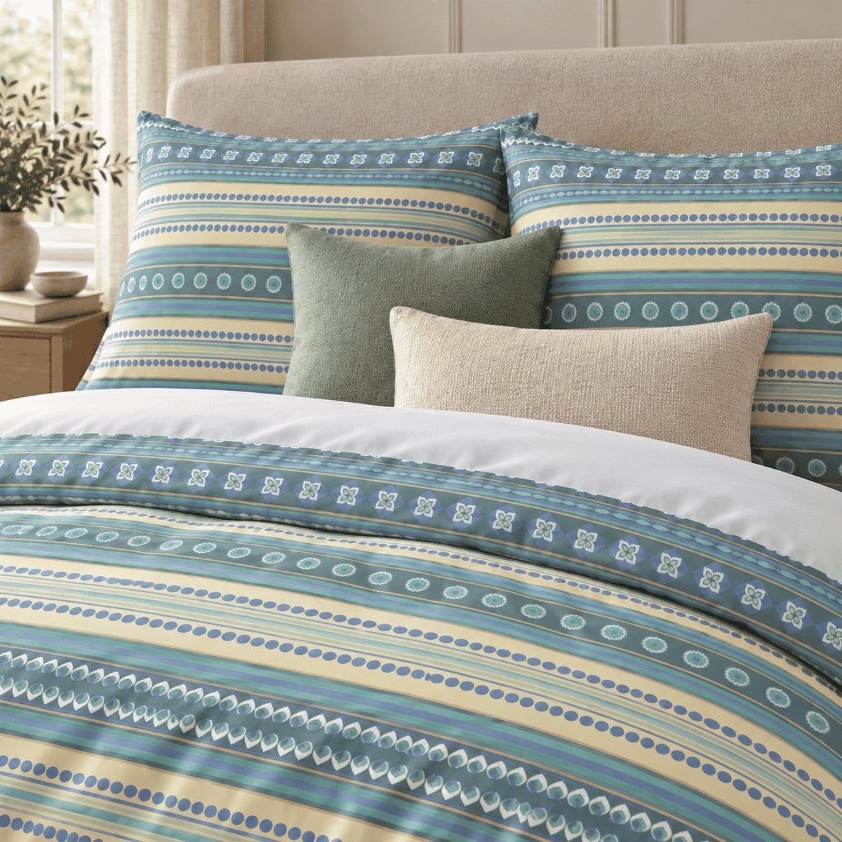 Teal Lemon Boho Stripe duvet cover set, pillowcase detail showing boho stripe pillowcases with sage and oatmeal cushions