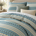 Teal Lemon Boho Stripe duvet cover set, print detail showing white rosette medallions on teal beside lemon and aqua stripes