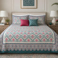 Teal Pink Framed Heritage duvet cover set, front view showing pink florals in a teal damask trellis and scalloped border