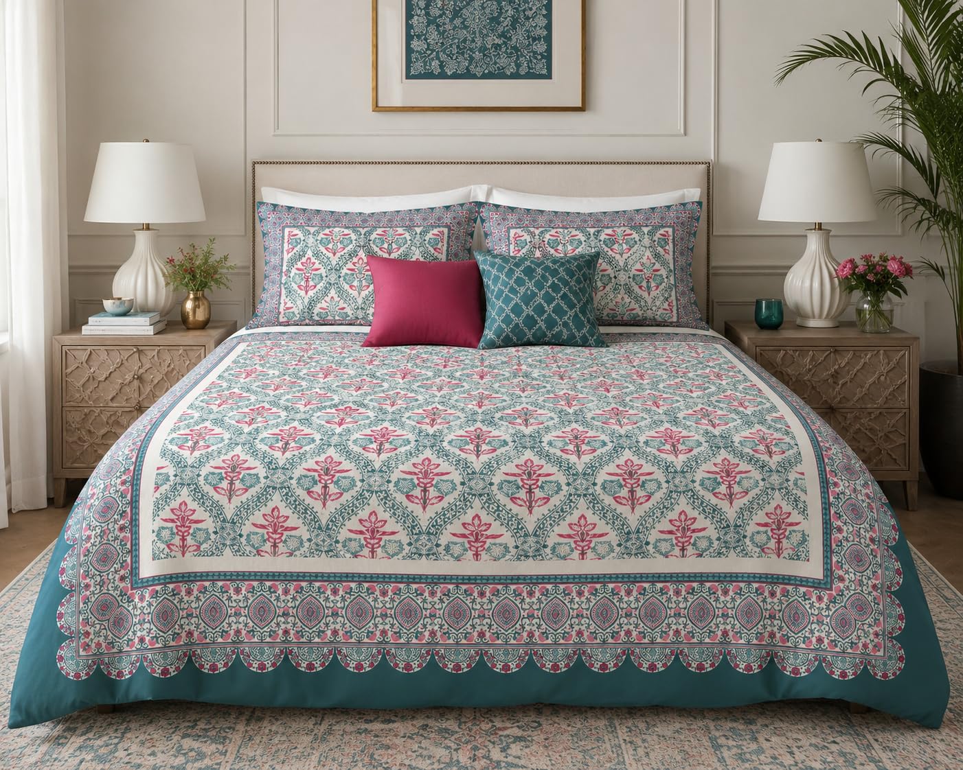 Framed Heritage Duvet Cover Set – Teal Pink