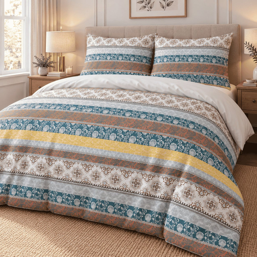 Teal Rust Folk Stripe duvet cover set, angled view showing teal, rust and mustard folk stripes on a jute rug