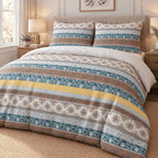 Teal Rust Folk Stripe duvet cover set, angled view showing teal, rust and mustard folk stripes on a jute rug