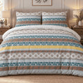 Teal Rust Folk Stripe duvet cover set, front view showing teal lotus, rust paisley and mustard folk stripe bands