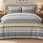 Teal Rust Folk Stripe duvet cover set, front view showing teal lotus, rust paisley and mustard folk stripe bands