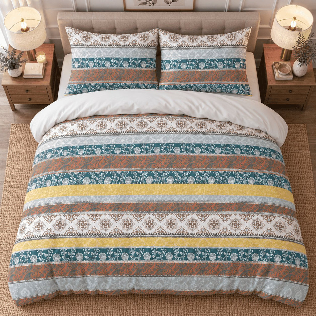 Teal Rust Folk Stripe duvet cover set, overhead view showing teal, rust, grey and cream medallion bands