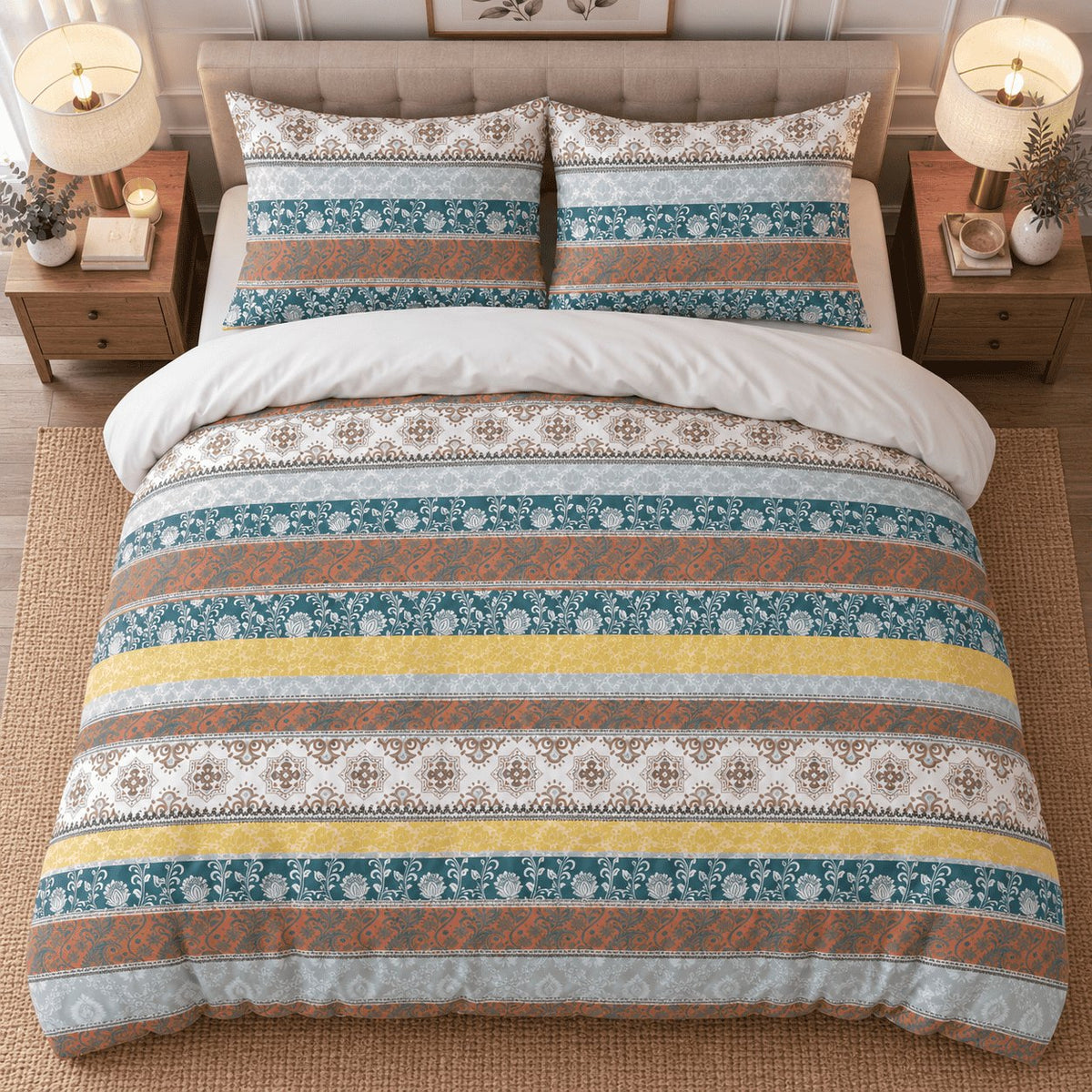 Teal Rust Folk Stripe duvet cover set, overhead view showing teal, rust, grey and cream medallion bands