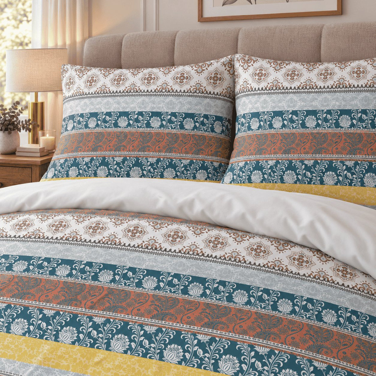 Teal Rust Folk Stripe duvet cover set, pillowcase detail showing pillowcases with teal lotus and rust paisley bands