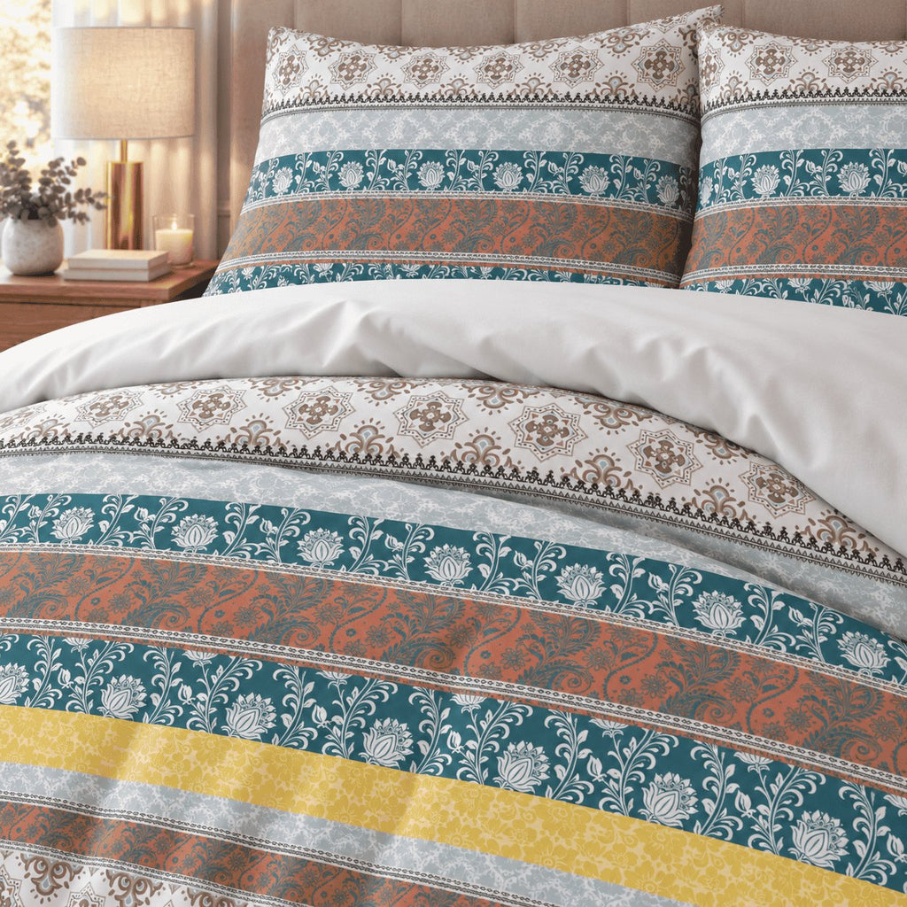 Teal Rust Folk Stripe duvet cover set, print detail showing white lotus vines on teal beside rust paisley