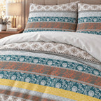Teal Rust Folk Stripe duvet cover set, print detail showing white lotus vines on teal beside rust paisley