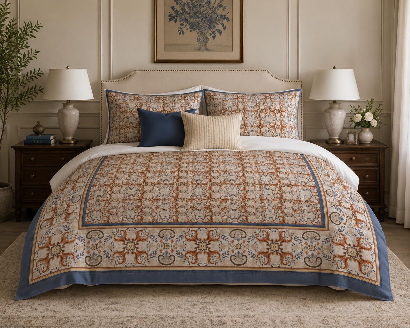 Framed Heritage Duvet Cover Set – Terracotta Blue
