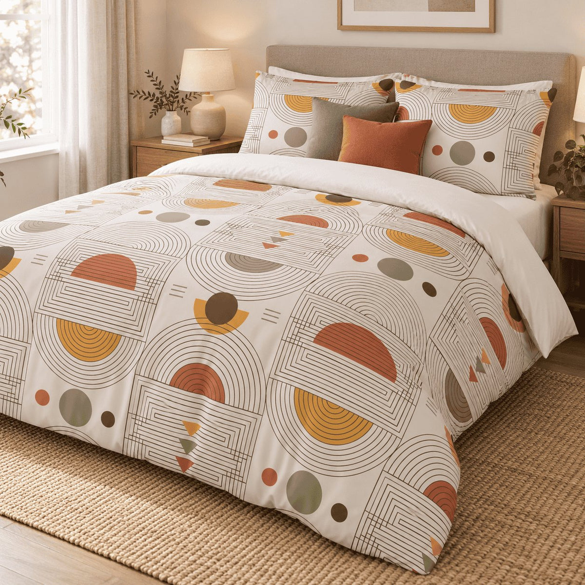 Terracotta Mustard Arc Abstract duvet cover set, angled view showing the arch repeat beside a window