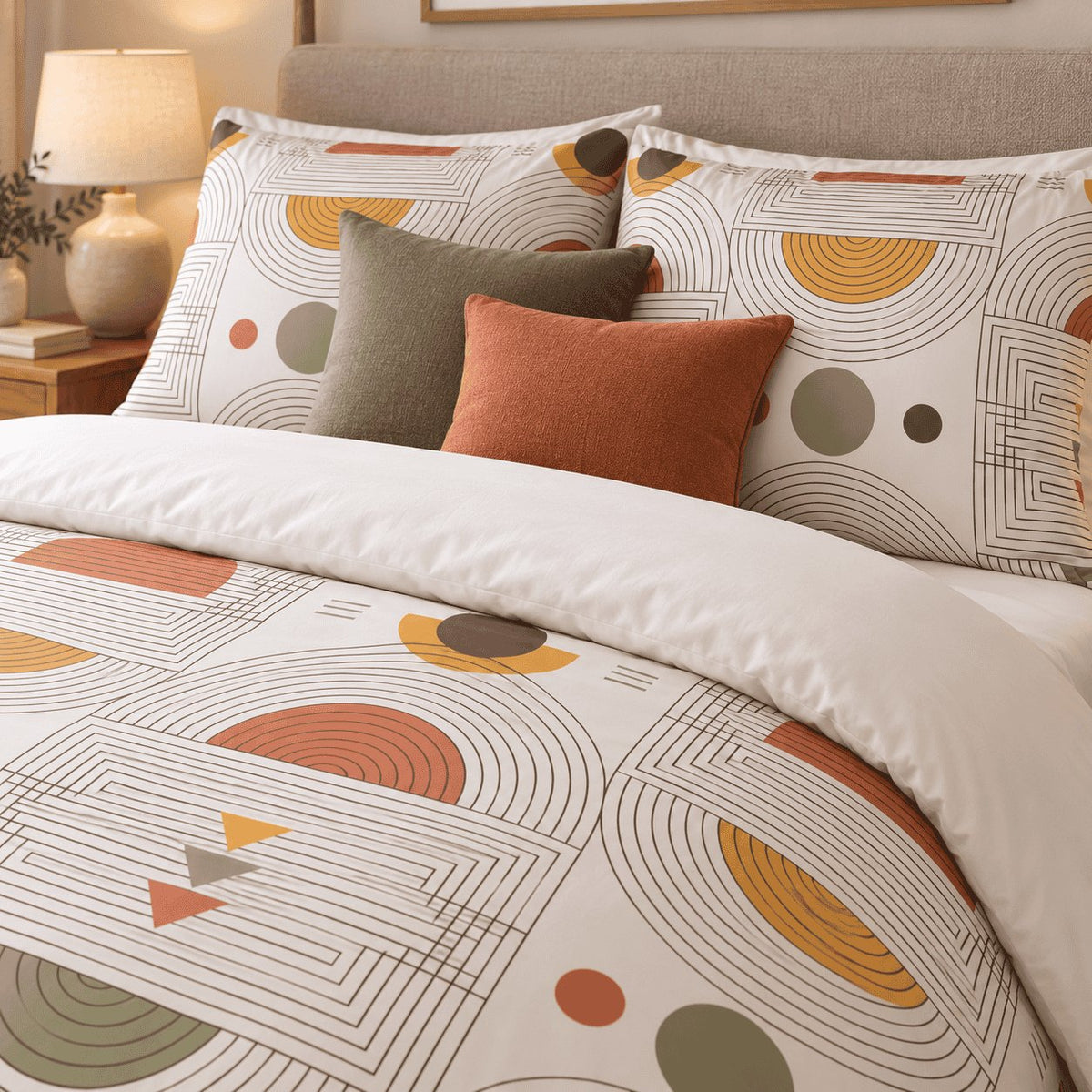 Terracotta Mustard Arc Abstract duvet cover set, close-up of arch pillowcases with olive and terracotta cushions