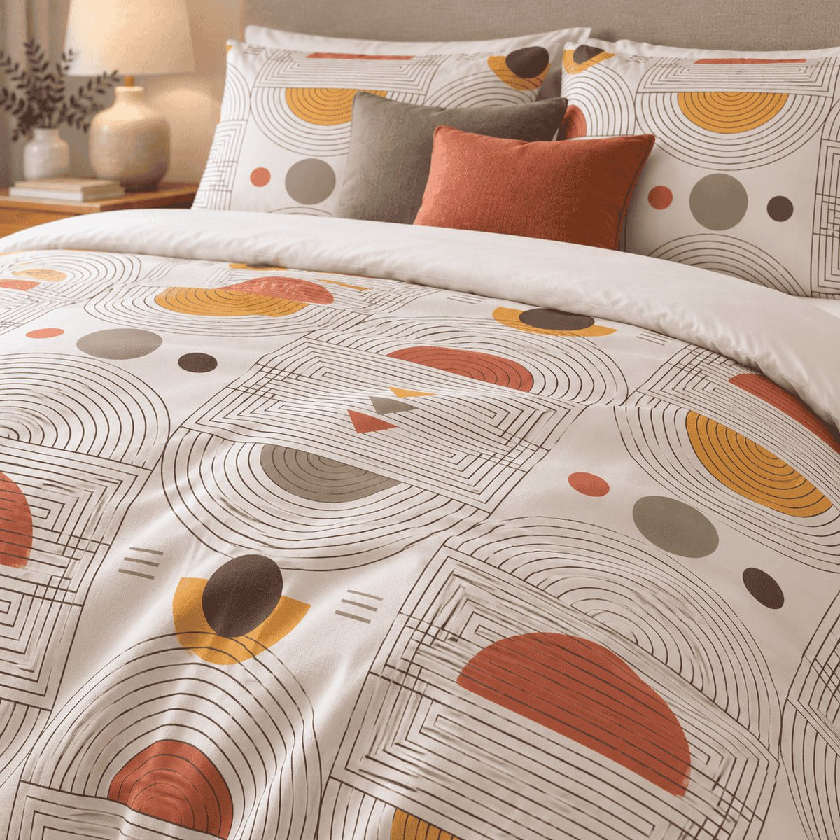 Terracotta Mustard Arc Abstract duvet cover set, close-up showing terracotta, mustard and sage half-circles