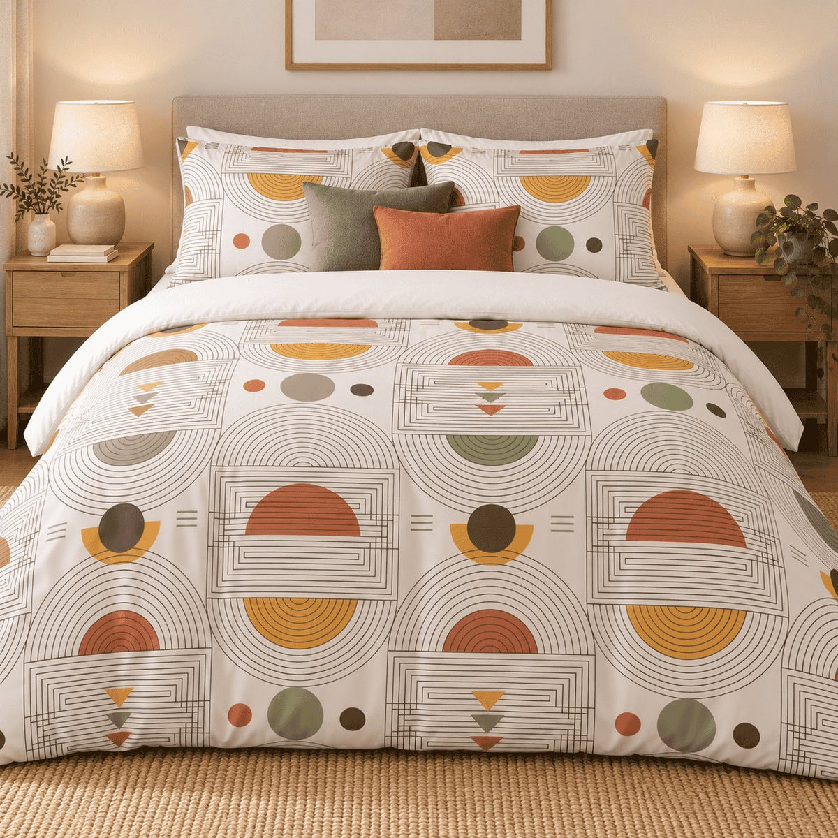 Terracotta Mustard Arc Abstract duvet cover set, front view showing terracotta and mustard arches on ivory