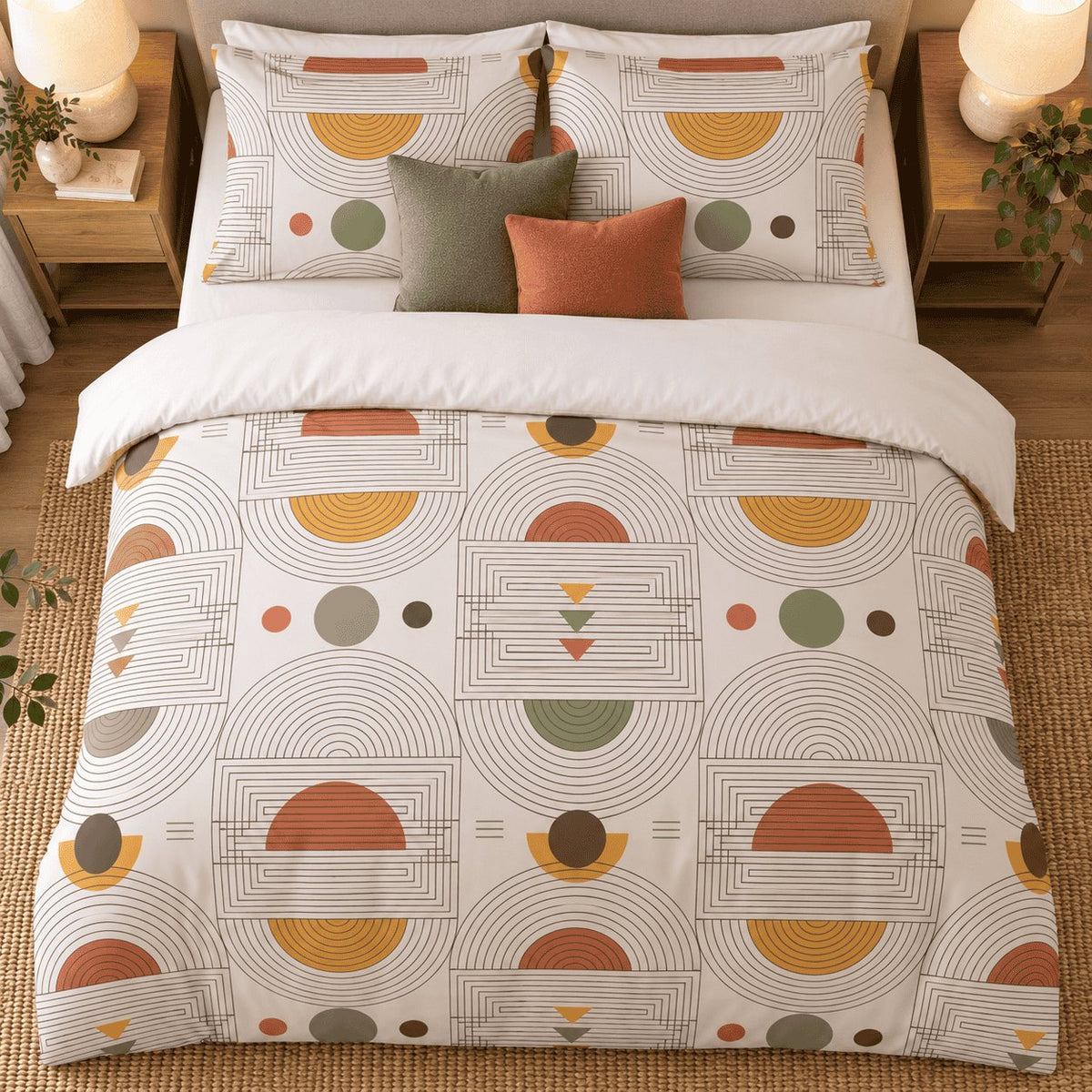 Terracotta Mustard Arc Abstract duvet cover set, overhead view showing the full arch repeat with olive and rust cushions