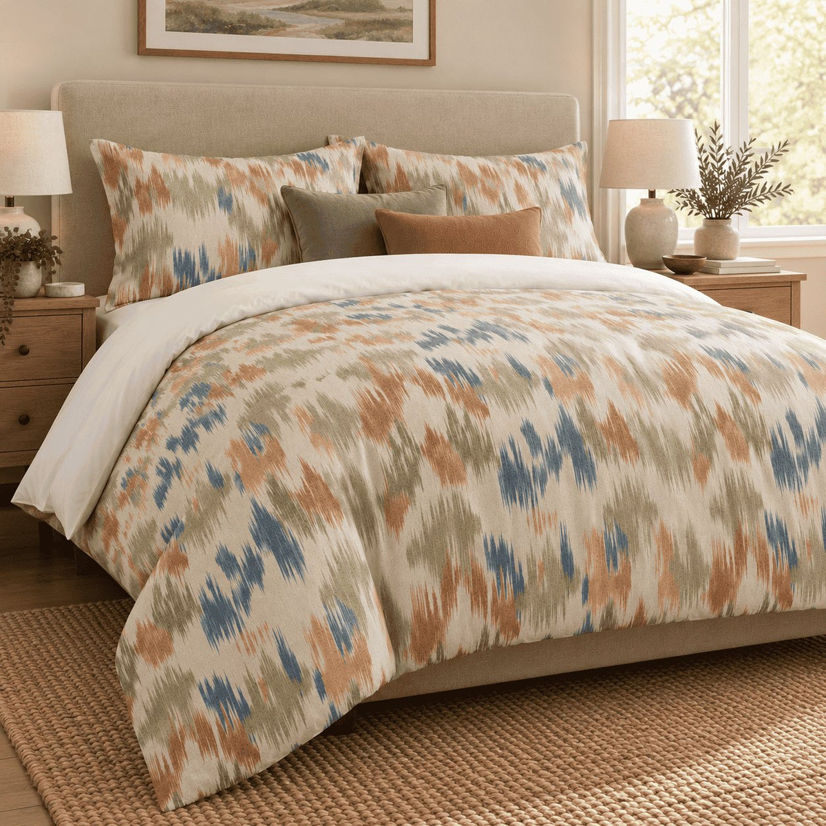 Terracotta Sage Ikat duvet cover set, angled view showing the earthy ikat print beside a window