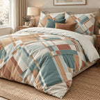 Terracotta Teal Abstract duvet cover set, angled view showing the diagonal print and pillowcases beside a window
