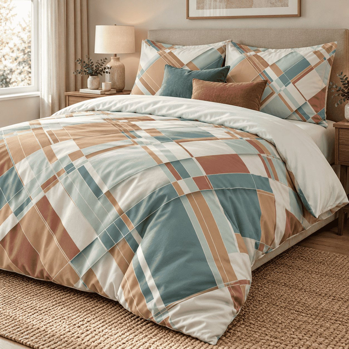 Terracotta Teal Abstract duvet cover set, angled view showing the diagonal print and pillowcases beside a window