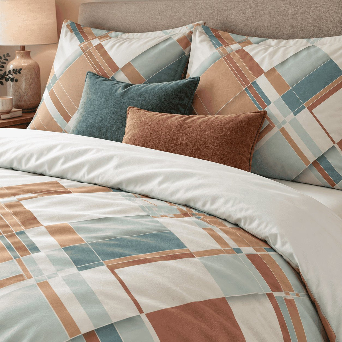 Terracotta Teal Abstract duvet cover set, close-up of printed pillowcases with teal and rust velvet cushions