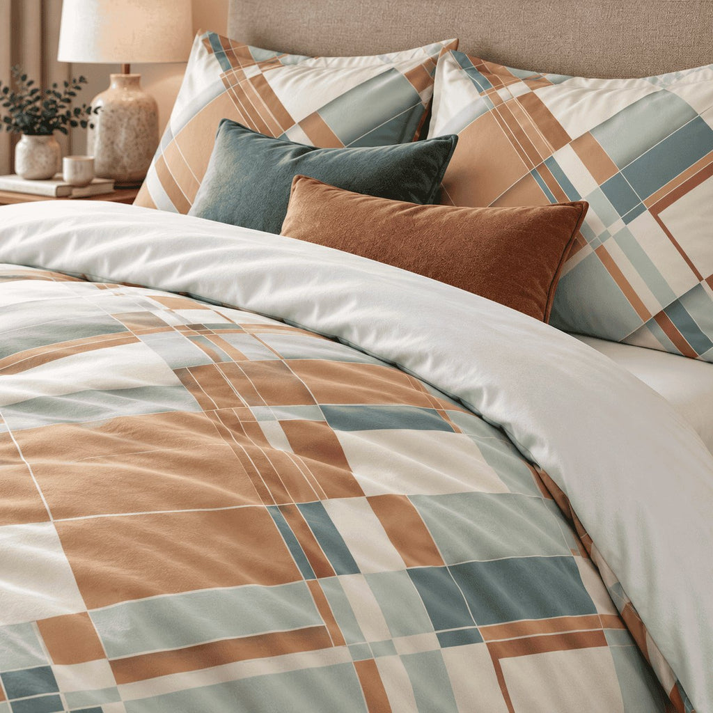 Terracotta Teal Abstract duvet cover set, close-up showing terracotta and teal bands with teal and rust cushions