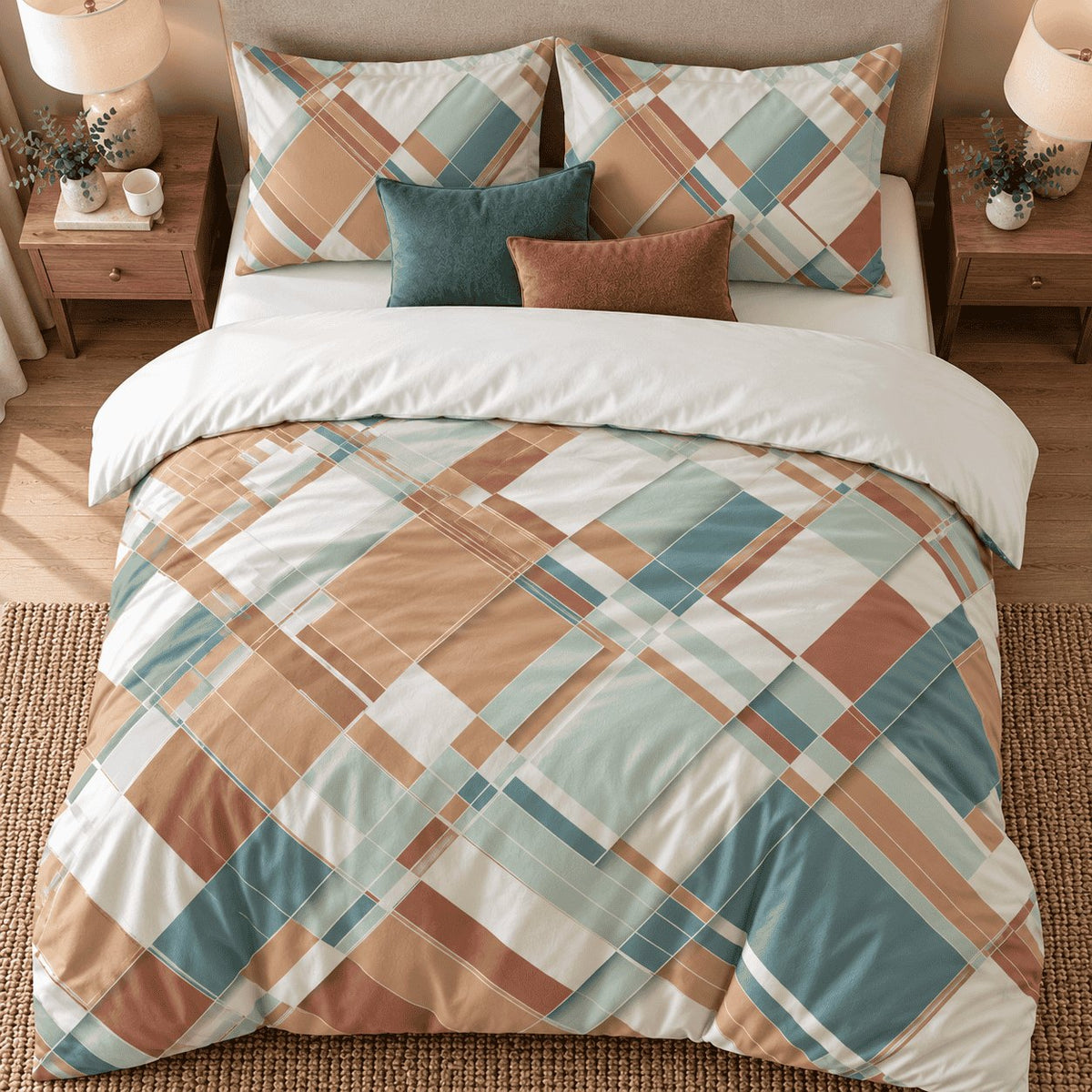 Terracotta Teal Abstract duvet cover set, overhead view showing the full diagonal print on a jute rug