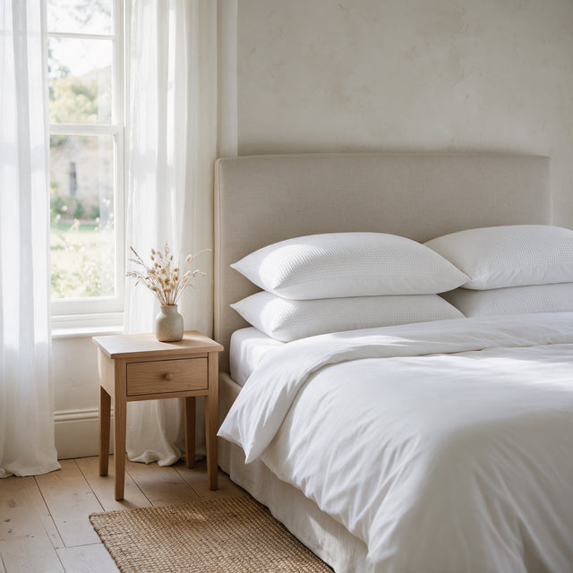 Textured Pillows 48x74 cm on a made bed with an oat linen headboard in morning light