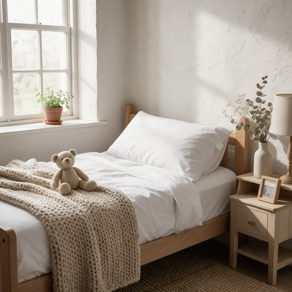 Toddler Pillow on a pale oak toddler bed in a bright bedroom